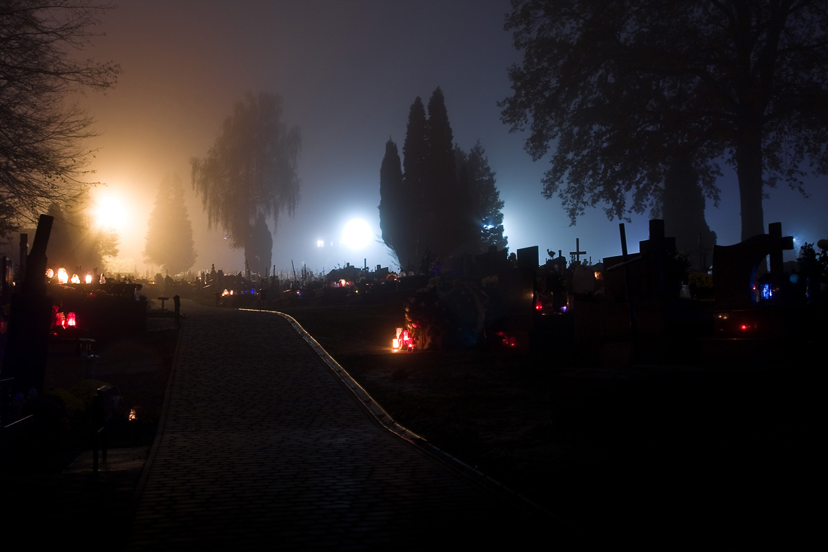 cmentarz nocą we mgle