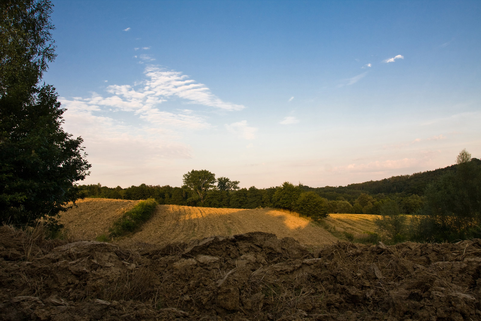 Kulerzów w gmine Mogilany - zaorane pola z bruzdami oddzielone miedzą latem po żniwach