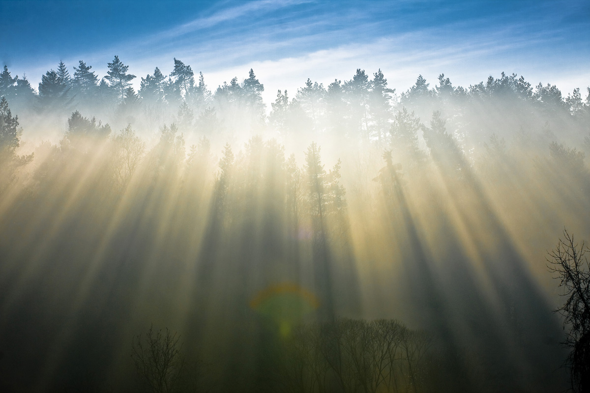 Jesień w gminie Mogilany - Wlosań - mgła z promieniami światła