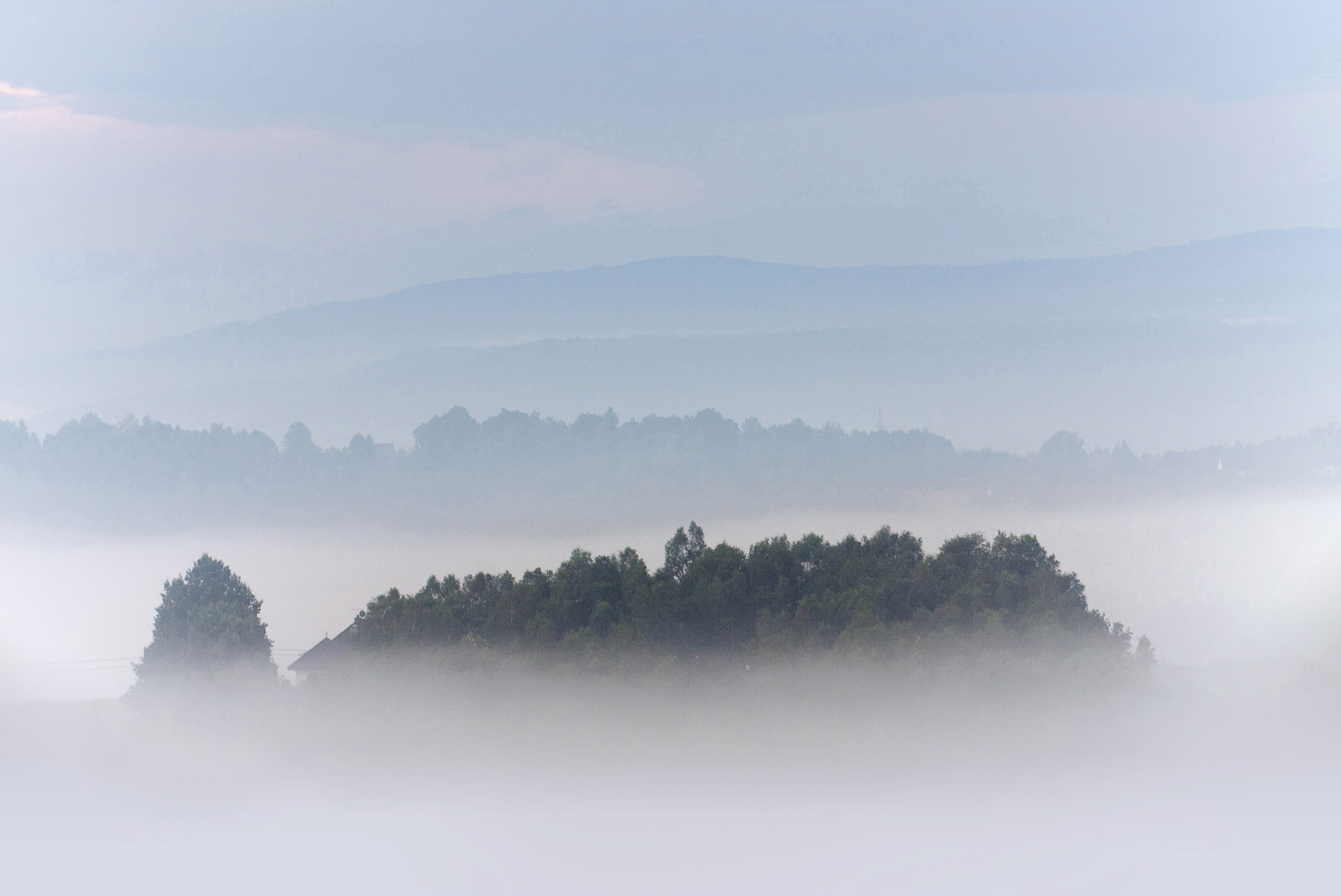 mgła w miejscowości Włosań pod Krakowem letnim rankiem