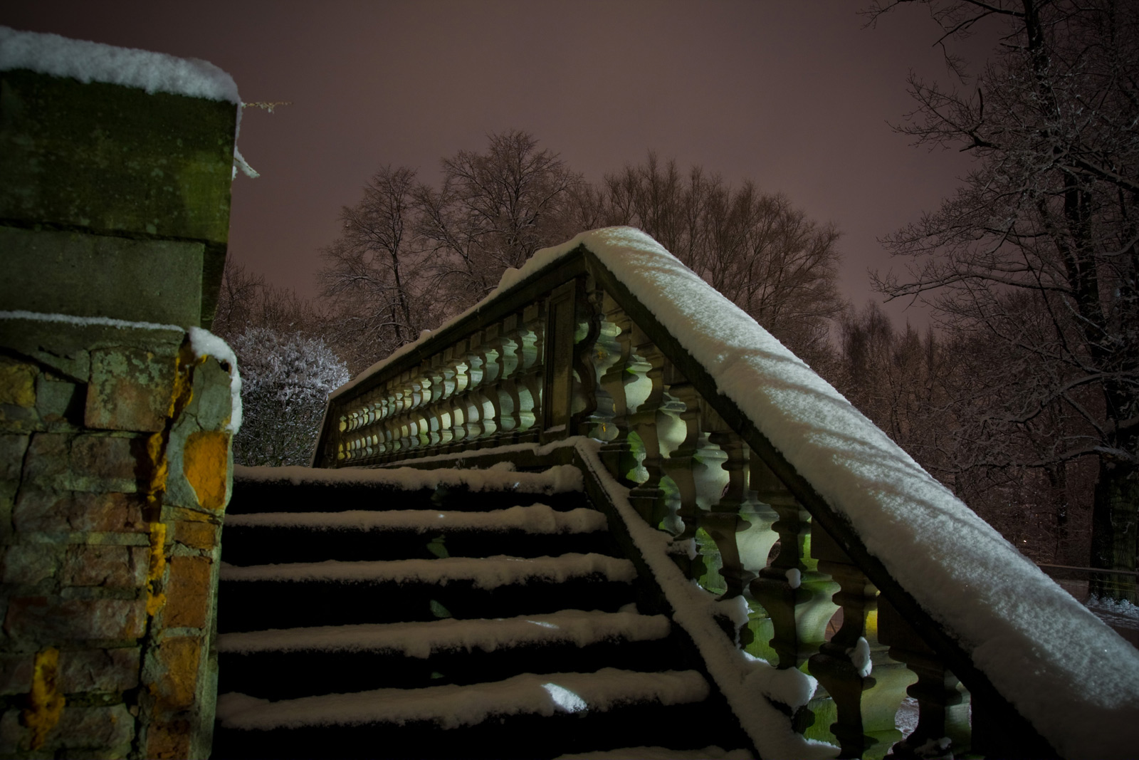 park i dworek w Mogilanach zimą w nocy